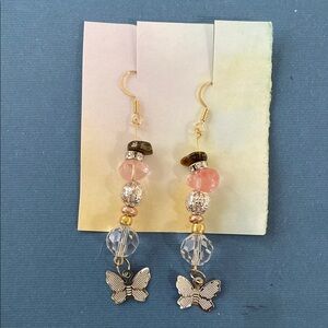 Charming Gold and Pink Dangle Earrings with Butterfly Accents